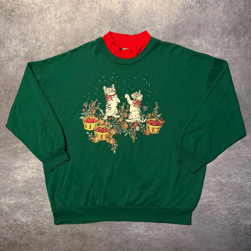 VTG Basic Editions Christmas Cat Sweatshirt 2X Green Red Mock Neck Granny 90s